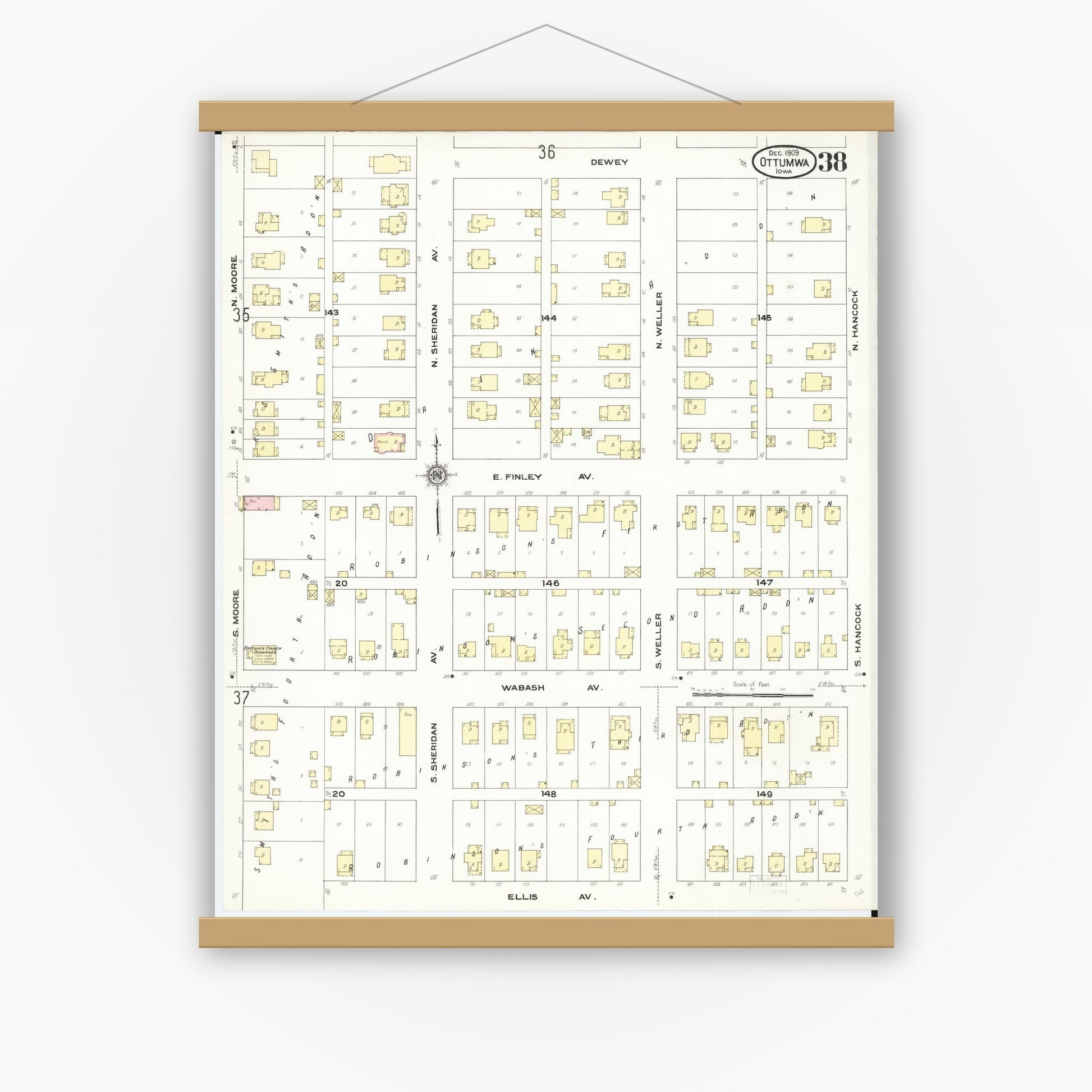 Old map wall art mockup — magnetic wood frame on white wall — Sanborn Fire Insurance Map from Ottumwa, Wapello County, Iowa (1909), Sheet #0038