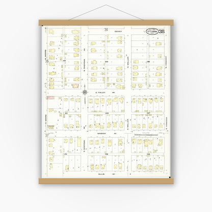 Old map wall art mockup — magnetic wood frame on white wall — Sanborn Fire Insurance Map from Ottumwa, Wapello County, Iowa (1909), Sheet #0038