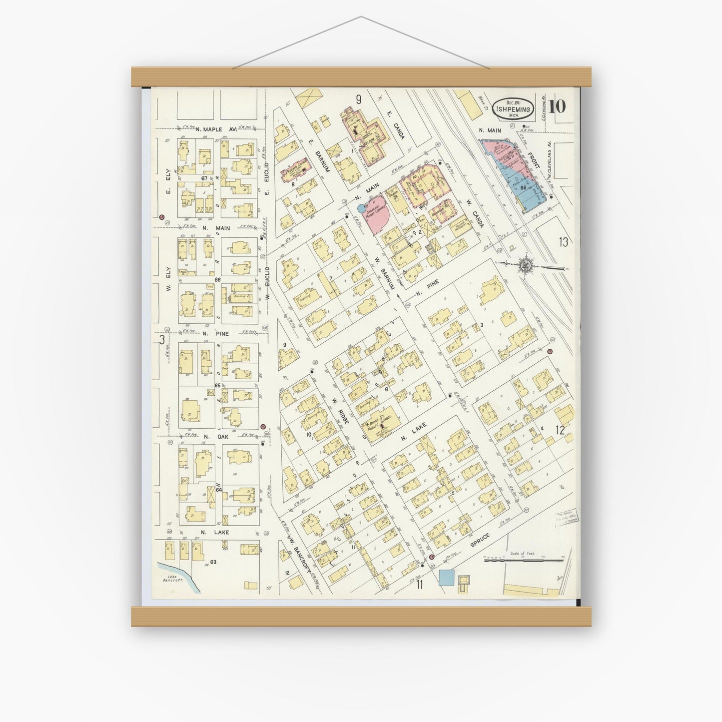 Old map wall art mockup — magnetic wood frame on white wall — Sanborn Fire Insurance Map from Ishpeming, Marquette County, Michigan (1911), Sheet #0010