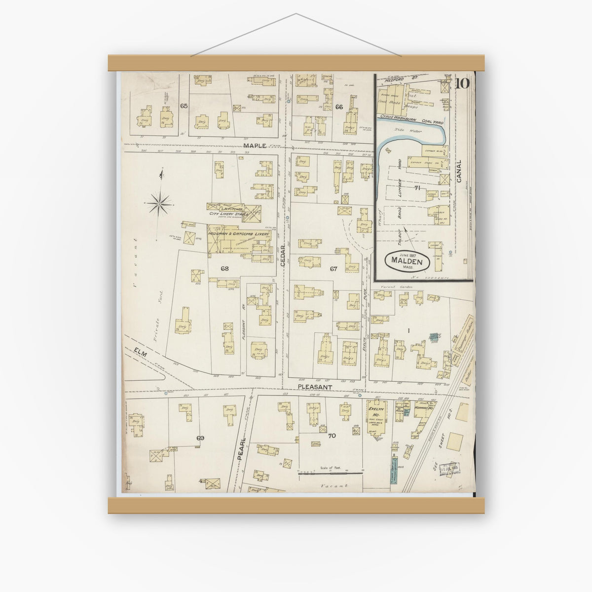 Old map wall art mockup — magnetic wood frame on white wall — Sanborn Fire Insurance Map from Malden, Middlesex County, Massachusetts (1887), Sheet #0010