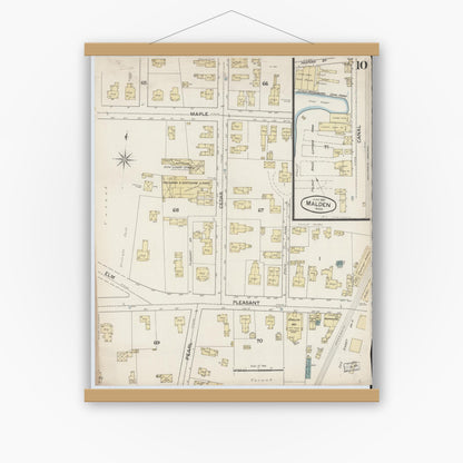 Old map wall art mockup — magnetic wood frame on white wall — Sanborn Fire Insurance Map from Malden, Middlesex County, Massachusetts (1887), Sheet #0010