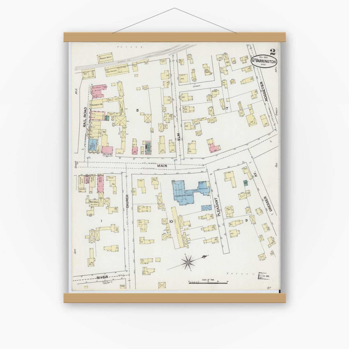 Old map wall art mockup — magnetic wood frame on white wall — Sanborn Fire Insurance Map from Great Barrington, Berkshire County, Massachusetts (1889), Sheet #0002