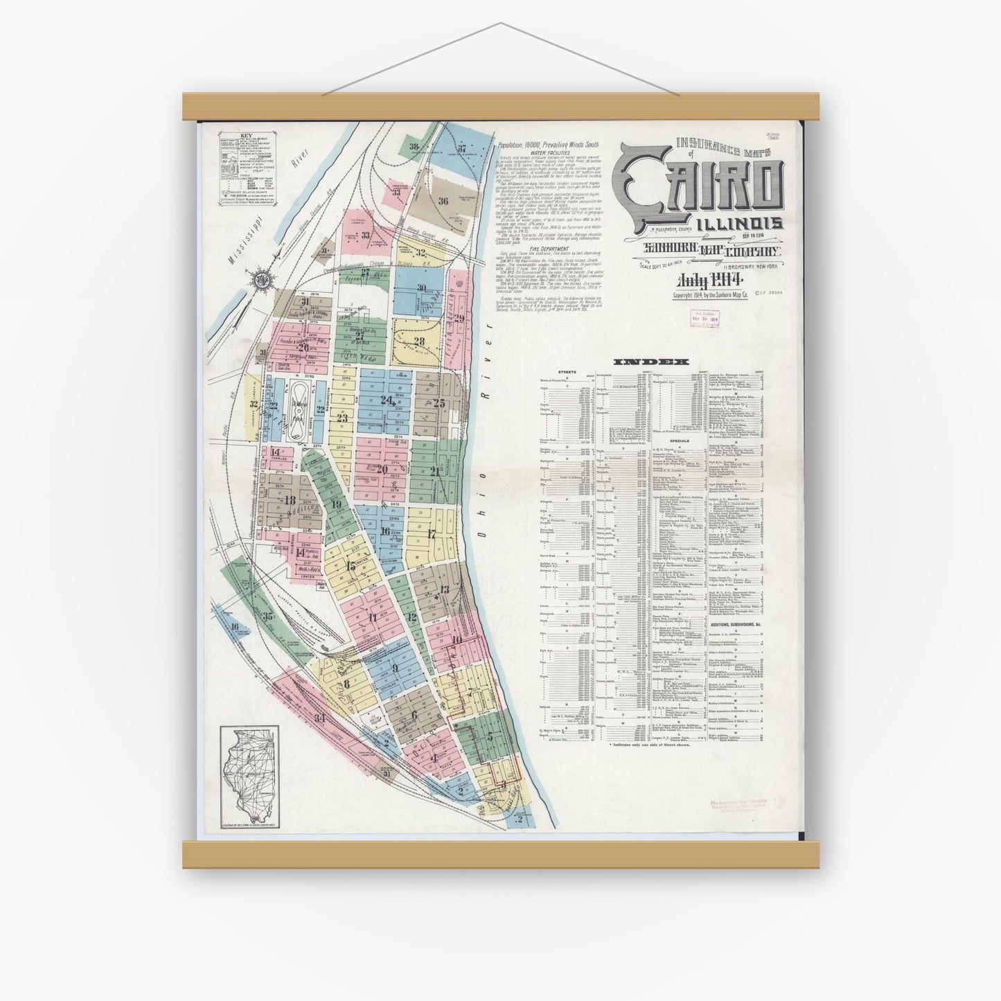 Old map wall art mockup — magnetic wood frame on white wall — Sanborn Fire Insurance Map from Cairo, Alexander County, Illinois (1914) - Complete Map Set