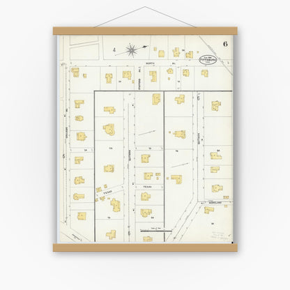 Old map wall art mockup — magnetic wood frame on white wall — Sanborn Fire Insurance Map from Pittsburg, Camp County, Texas (1906), Sheet #0006