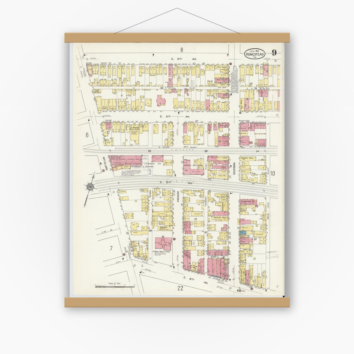 Old map wall art mockup — magnetic wood frame on white wall — Sanborn Fire Insurance Map from Homestead, Allegheny County, Pennsylvania (1913), Sheet #0009