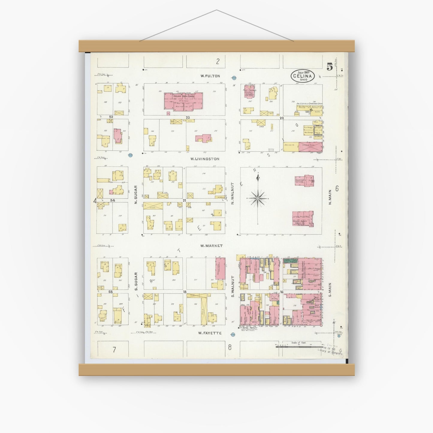 Old map wall art mockup — magnetic wood frame on white wall — Sanborn Fire Insurance Map from Celina, Mercer County, Ohio (1907), Sheet #0005