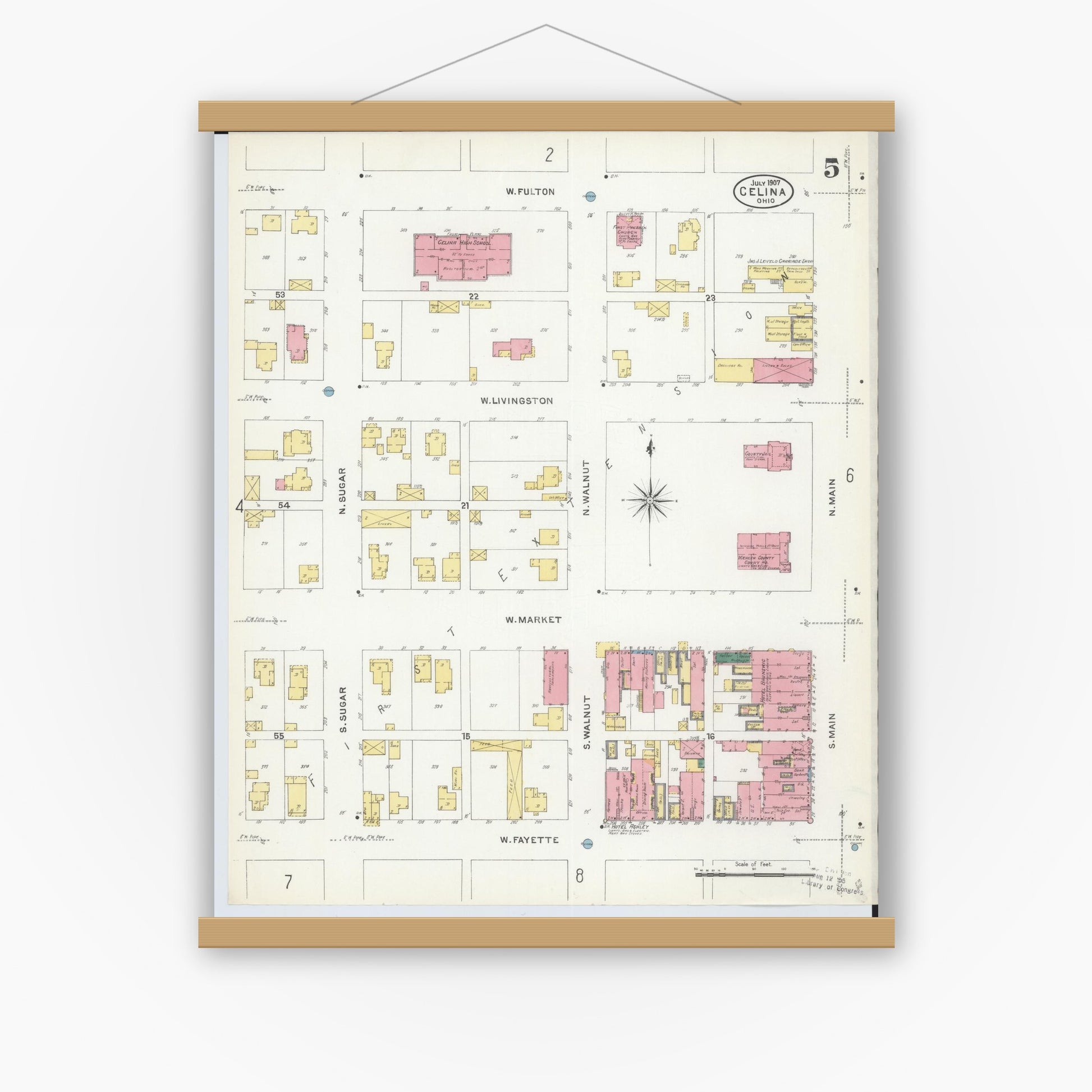 Old map wall art mockup — magnetic wood frame on white wall — Sanborn Fire Insurance Map from Celina, Mercer County, Ohio (1907), Sheet #0005