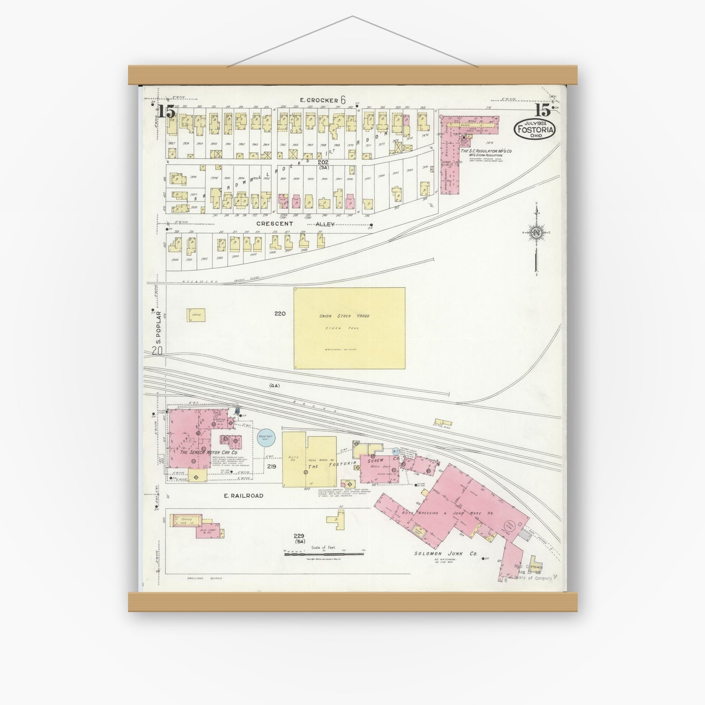 Old map wall art mockup — magnetic wood frame on white wall — Sanborn Fire Insurance Map from Fostoria, Seneca, Hancock, And Wood Counties, Ohio (1924), Sheet #0015