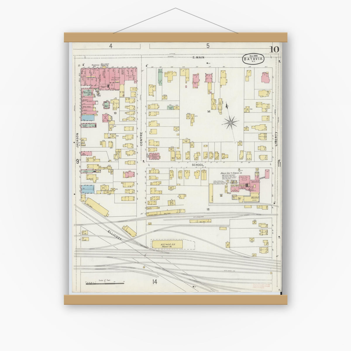Old map wall art mockup — magnetic wood frame on white wall — Sanborn Fire Insurance Map from Batavia, Genesee County, New York (1896), Sheet #0010