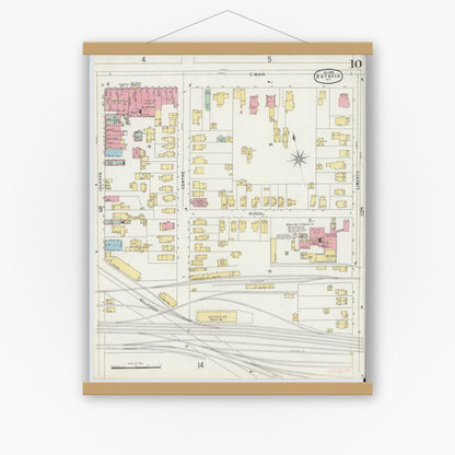 Old map wall art mockup — magnetic wood frame on white wall — Sanborn Fire Insurance Map from Batavia, Genesee County, New York (1896), Sheet #0010