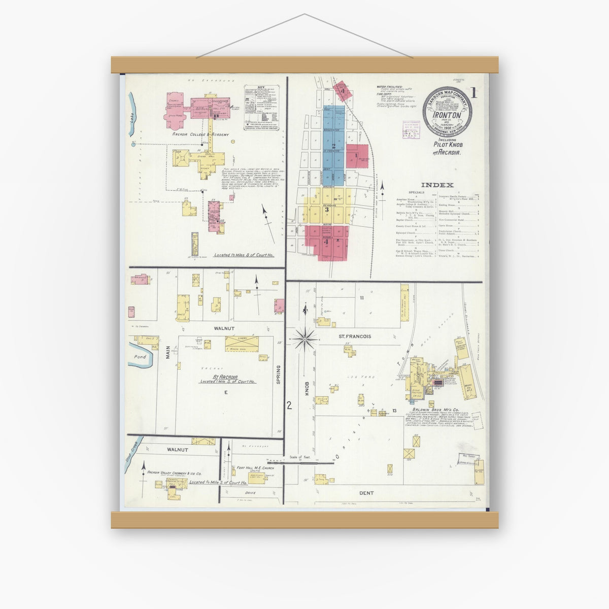 Old map wall art mockup — magnetic wood frame on white wall — Sanborn Fire Insurance Map from Ironton, Iron County, Missouri (1908), Sheet #0001