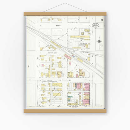 Old map wall art mockup — magnetic wood frame on white wall — Sanborn Fire Insurance Map from Wells, Faribault County, Minnesota (1909), Sheet #0003