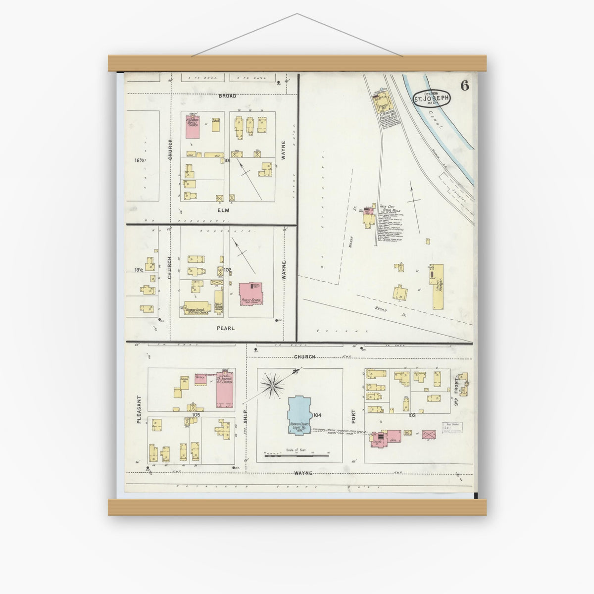 Old map wall art mockup — magnetic wood frame on white wall — Sanborn Fire Insurance Map from Saint Joseph, Berrien County, Michigan (1896), Sheet #0006