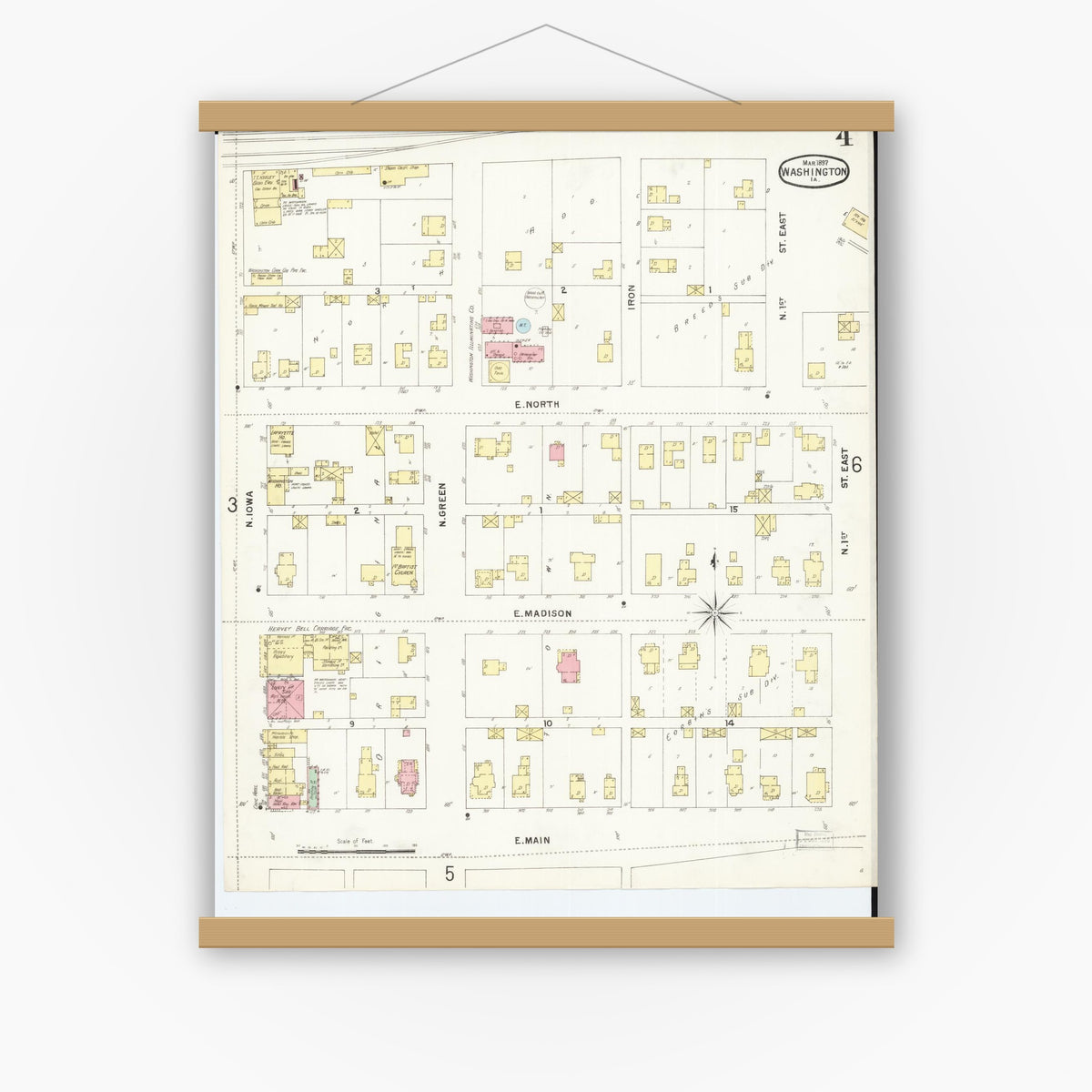 Old map wall art mockup — magnetic wood frame on white wall — Sanborn Fire Insurance Map from Washington, Washington County, Iowa (1897), Sheet #0004