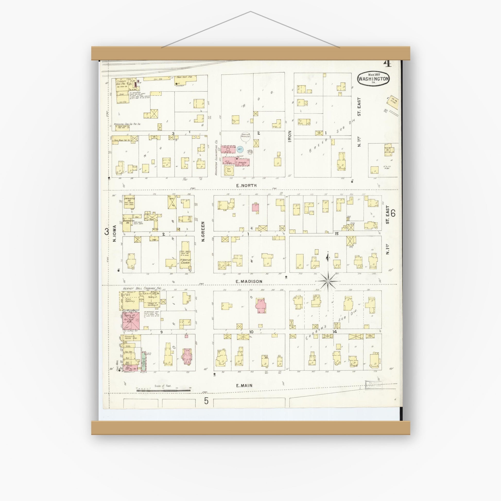 Old map wall art mockup — magnetic wood frame on white wall — Sanborn Fire Insurance Map from Washington, Washington County, Iowa (1897), Sheet #0004