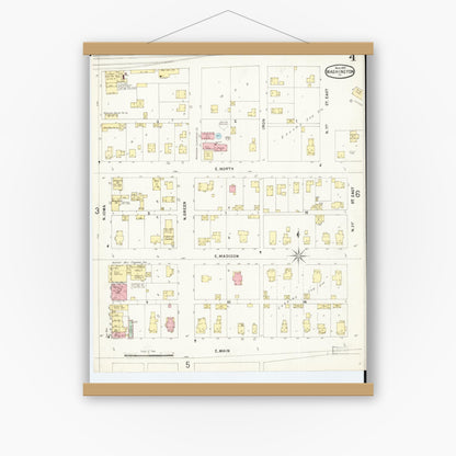 Old map wall art mockup — magnetic wood frame on white wall — Sanborn Fire Insurance Map from Washington, Washington County, Iowa (1897), Sheet #0004