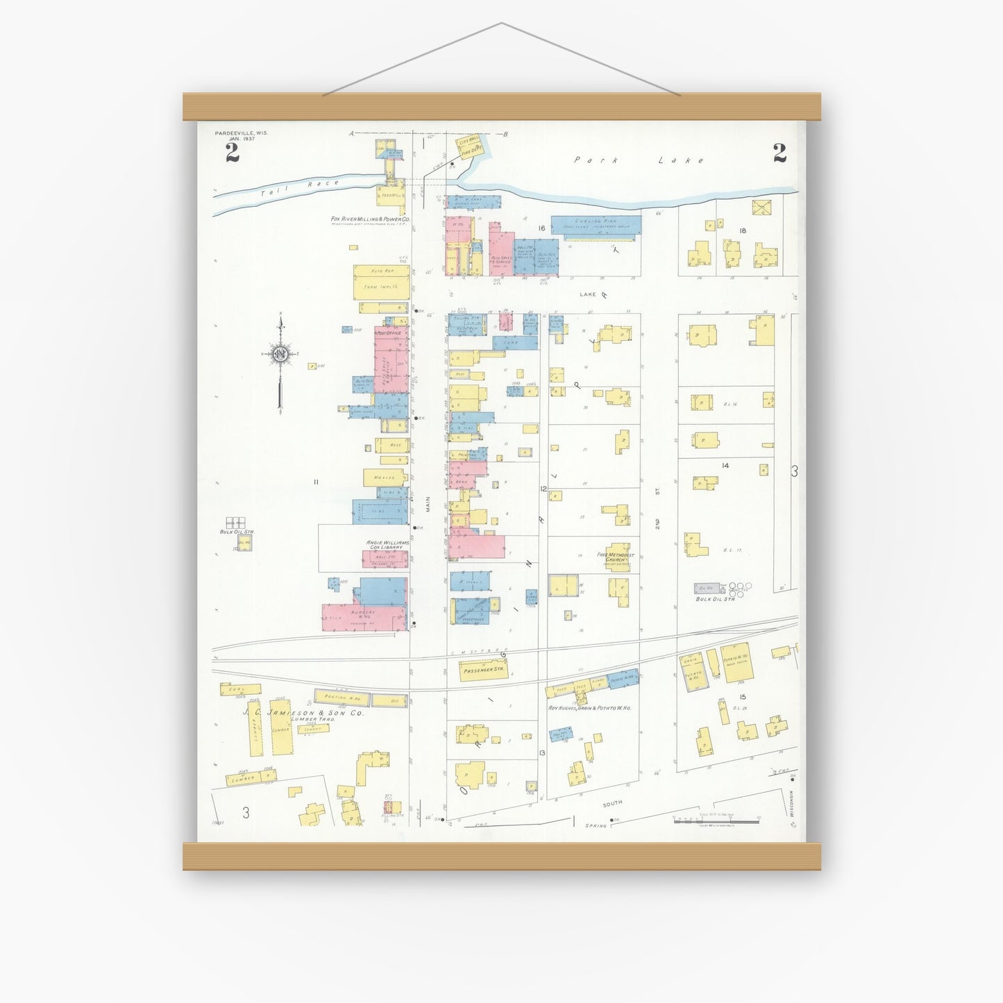 Old map wall art mockup — magnetic wood frame on white wall — Sanborn Fire Insurance Map from Pardeeville, Columbia County, Wisconsin (1937), Sheet #0002