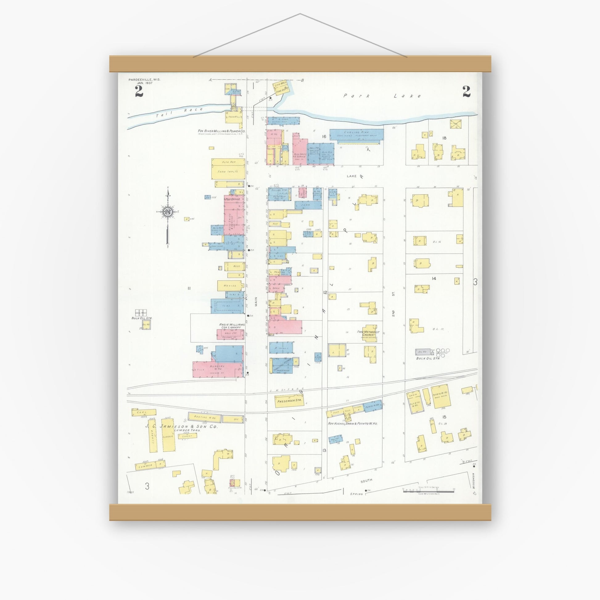 Old map wall art mockup — magnetic wood frame on white wall — Sanborn Fire Insurance Map from Pardeeville, Columbia County, Wisconsin (1937), Sheet #0002