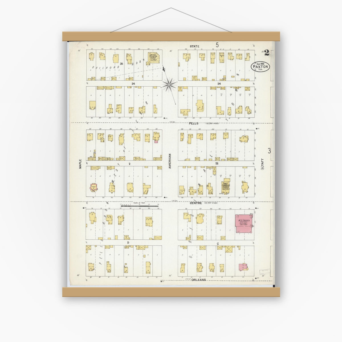 Old map wall art mockup — magnetic wood frame on white wall — Sanborn Fire Insurance Map from Paxton, Ford County, Illinois (1902), Sheet #0002