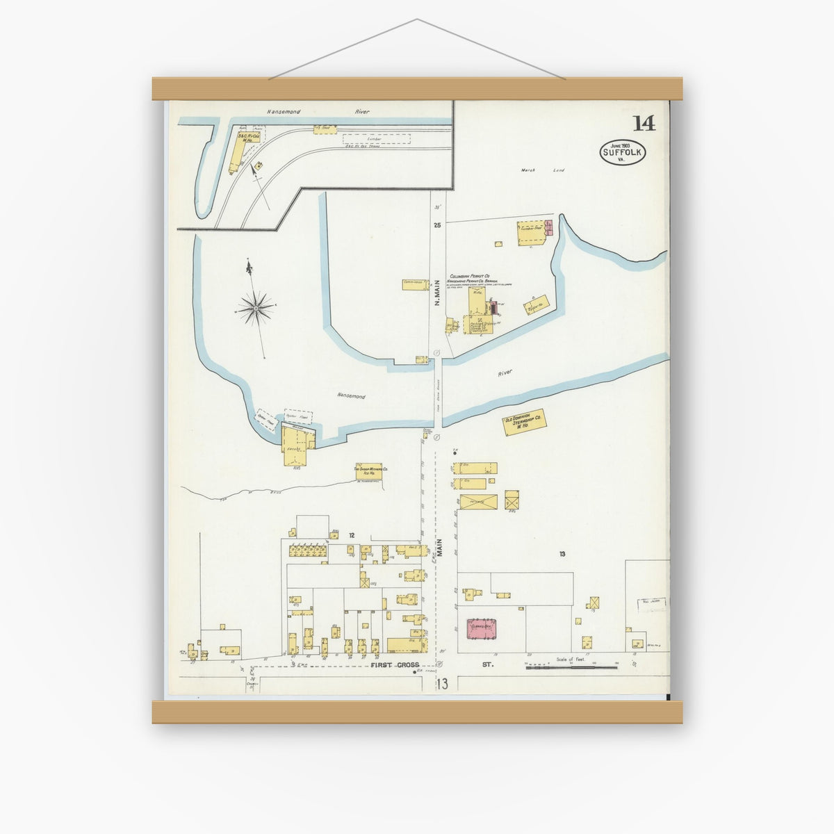 Old map wall art mockup — magnetic wood frame on white wall — Sanborn Fire Insurance Map from Suffolk, Independent Cities, Virginia (1903), Sheet #0014