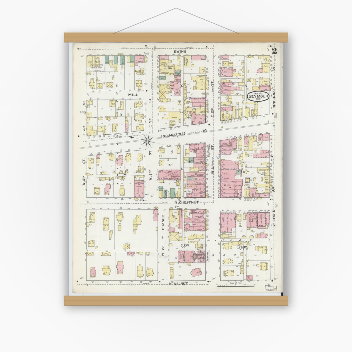 Old map wall art mockup — magnetic wood frame on white wall — Sanborn Fire Insurance Map from Seymour, Jackson County, Indiana (1892), Sheet #0002