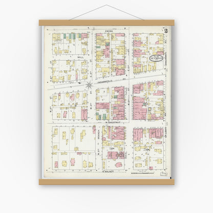 Old map wall art mockup — magnetic wood frame on white wall — Sanborn Fire Insurance Map from Seymour, Jackson County, Indiana (1892), Sheet #0002