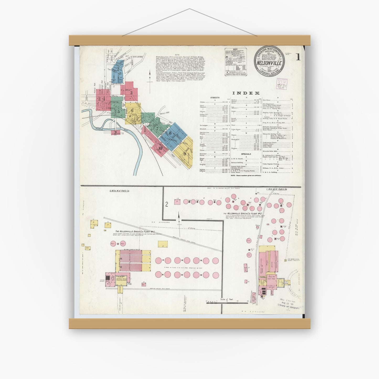 Old map wall art mockup — magnetic wood frame on white wall — Sanborn Fire Insurance Map from Nelsonville, Athens County, Ohio (1907) - Complete Map Set