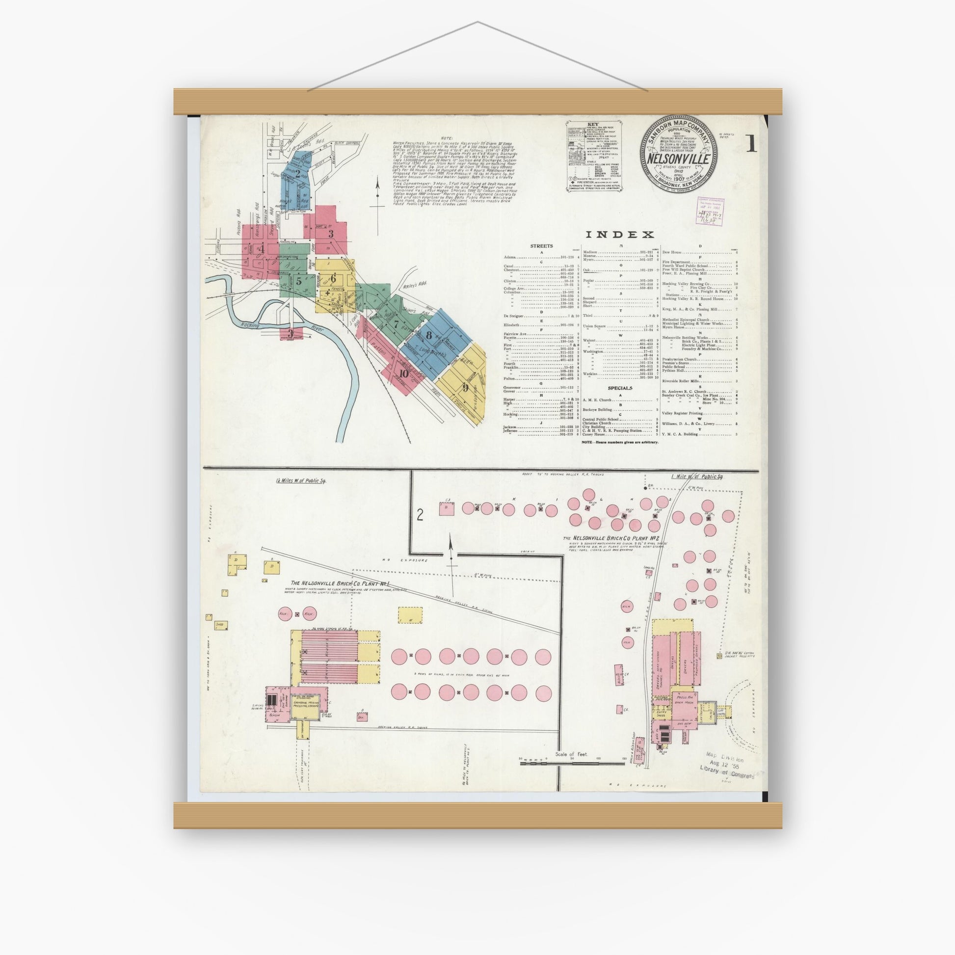 Old map wall art mockup — magnetic wood frame on white wall — Sanborn Fire Insurance Map from Nelsonville, Athens County, Ohio (1907) - Complete Map Set