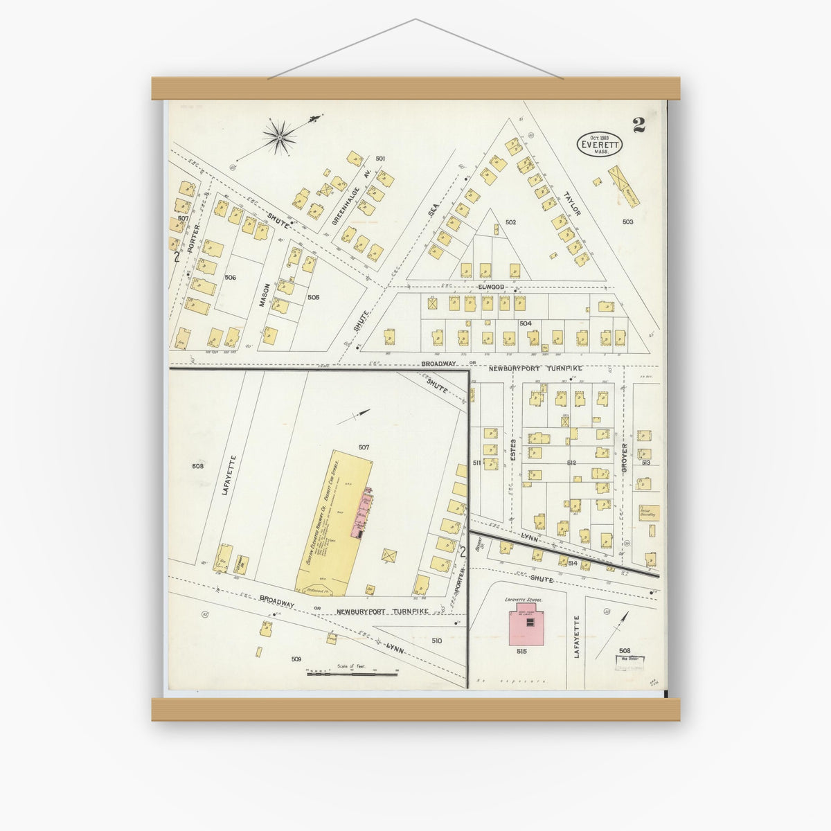 Old map wall art mockup — magnetic wood frame on white wall — Sanborn Fire Insurance Map from Everett, Middlesex County, Massachusetts (1903), Sheet #0002
