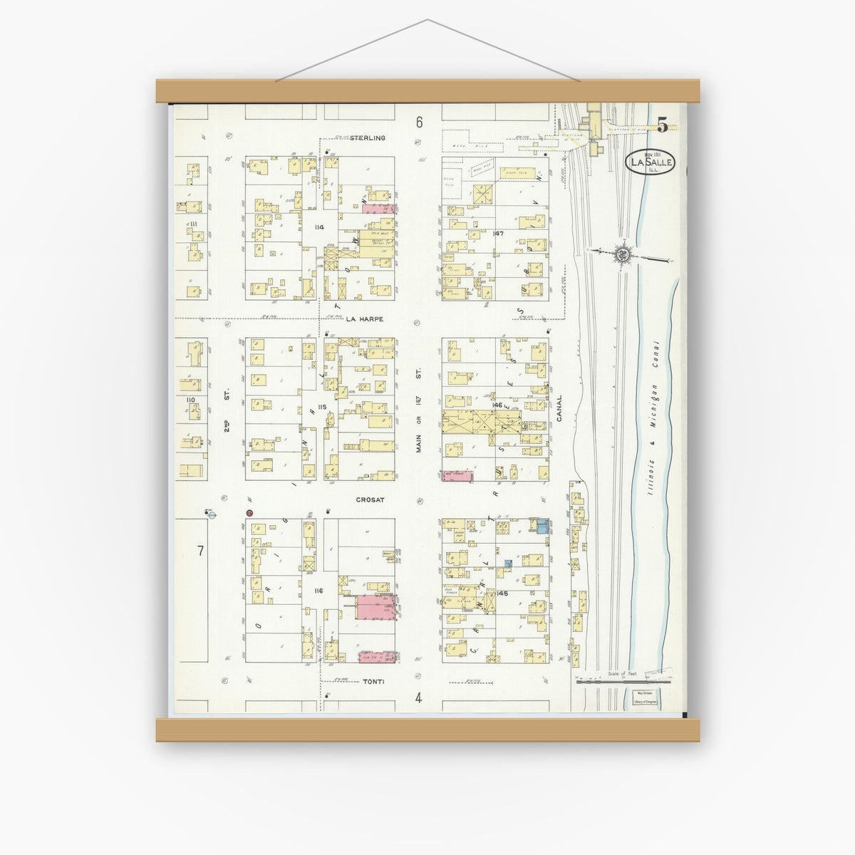 Old map wall art mockup — magnetic wood frame on white wall — Sanborn Fire Insurance Map from La Salle, La Salle County, Illinois (1911), Sheet #0005