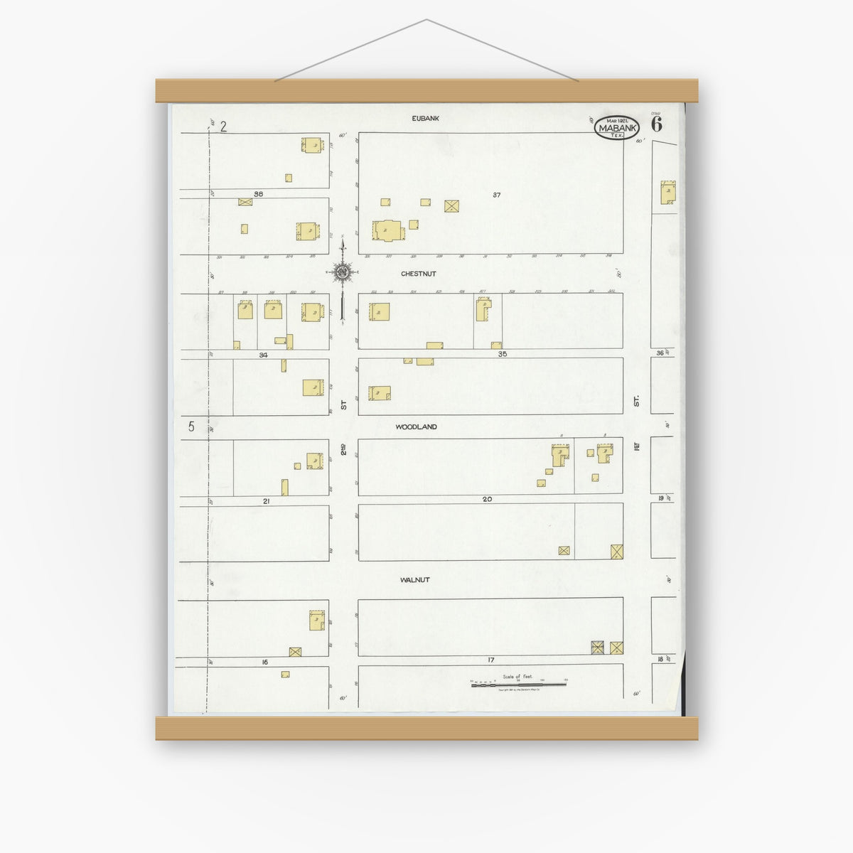 Old map wall art mockup — magnetic wood frame on white wall — Sanborn Fire Insurance Map from Mabank, Kaufman County, Texas (1921), Sheet #0006