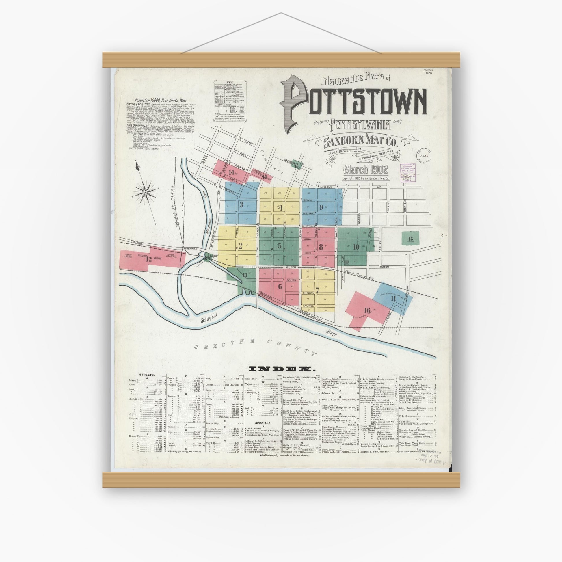 Old map wall art mockup — magnetic wood frame on white wall — Sanborn Fire Insurance Map from Pottstown, Montgomery County, Pennsylvania (1902), Sheet #0001