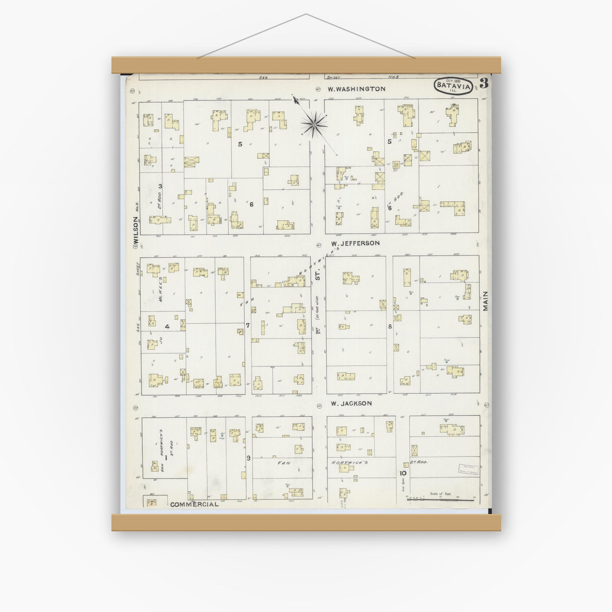 Old map wall art mockup — magnetic wood frame on white wall — Sanborn Fire Insurance Map from Batavia, Kane County, Illinois (1891), Sheet #0003