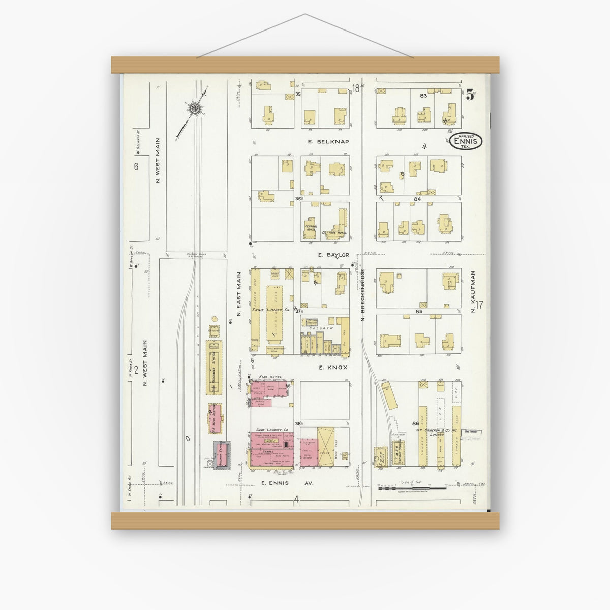 Old map wall art mockup — magnetic wood frame on white wall — Sanborn Fire Insurance Map from Ennis, Ellis County, Texas (1920), Sheet #0005