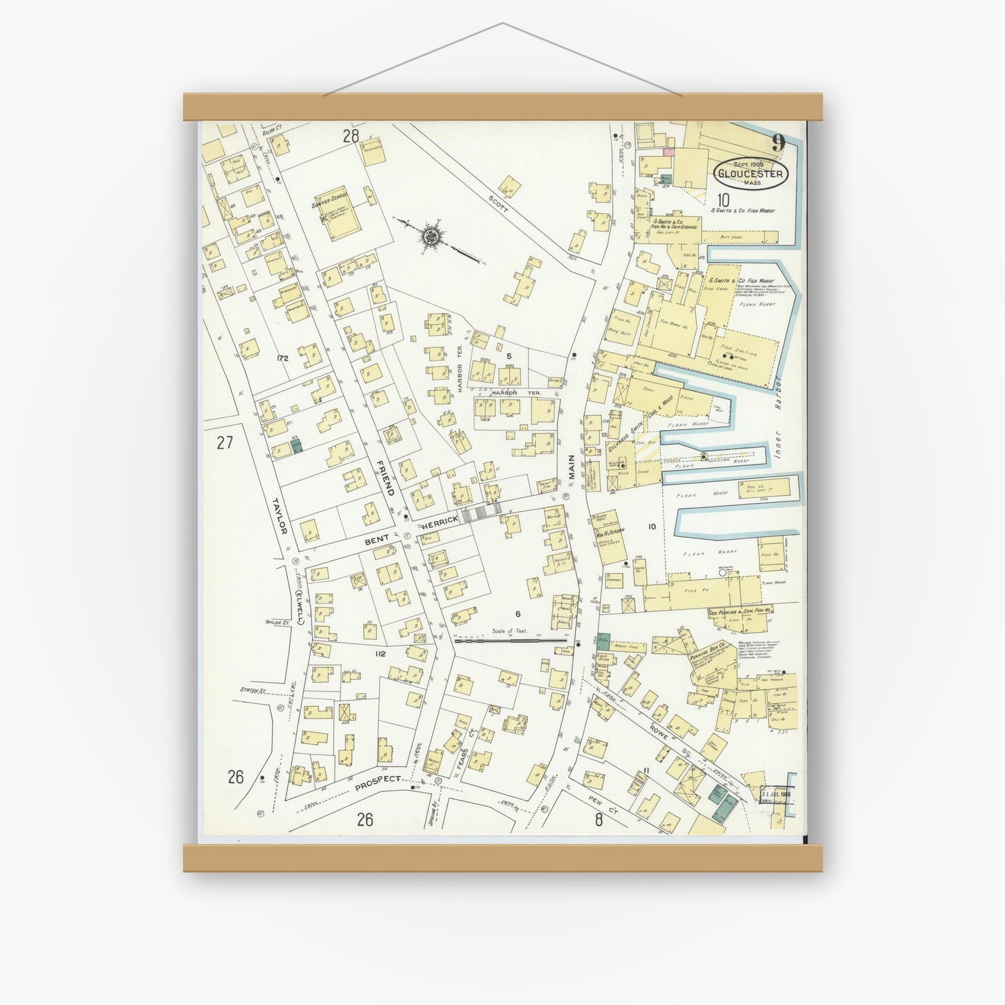 Old map wall art mockup — magnetic wood frame on white wall — Sanborn Fire Insurance Map from Gloucester, Essex County, Massachusetts (1909), Sheet #0009