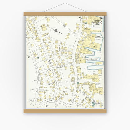 Old map wall art mockup — magnetic wood frame on white wall — Sanborn Fire Insurance Map from Gloucester, Essex County, Massachusetts (1909), Sheet #0009