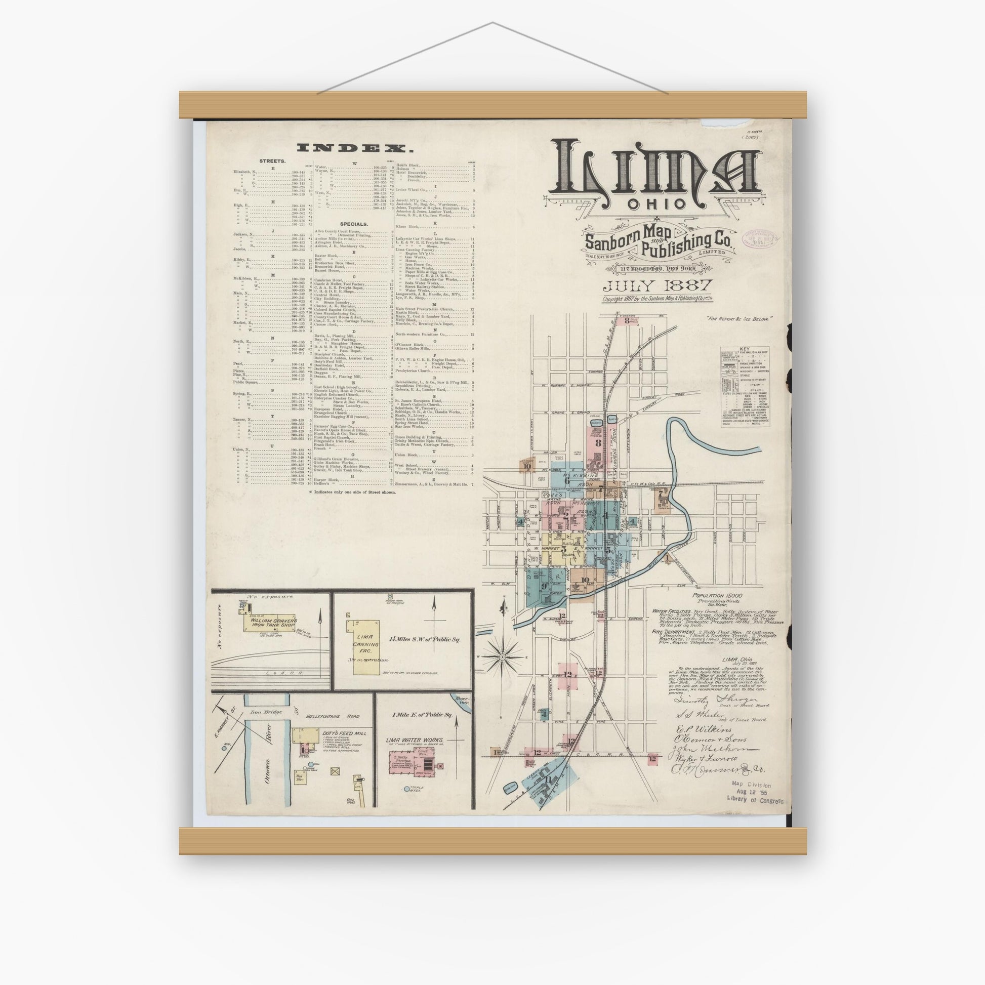Old map wall art mockup — magnetic wood frame on white wall — Sanborn Fire Insurance Map from Lima, Allen County, Ohio (1887), Sheet #0001