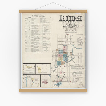 Old map wall art mockup — magnetic wood frame on white wall — Sanborn Fire Insurance Map from Lima, Allen County, Ohio (1887), Sheet #0001