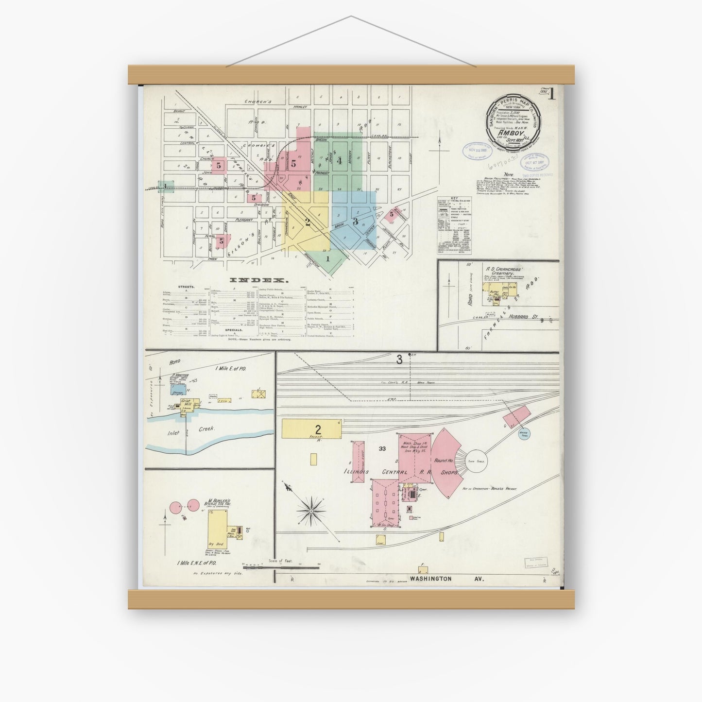 Old map wall art mockup — magnetic wood frame on white wall — Sanborn Fire Insurance Map from Amboy, Lee County, Illinois (1897) - Complete Map Set