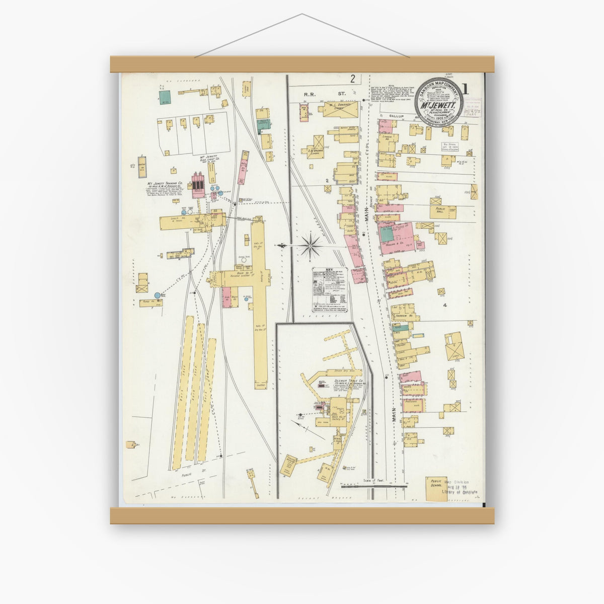 Old map wall art mockup — magnetic wood frame on white wall — Sanborn Fire Insurance Map from Mount Jewett, McKean County, Pennsylvania (1903), Sheet #0001
