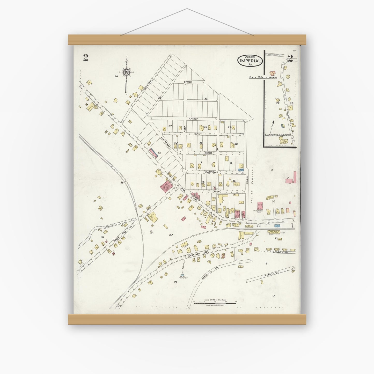 Old map wall art mockup — magnetic wood frame on white wall — Sanborn Fire Insurance Map from Imperial, Allegheny County, Pennsylvania (1925), Sheet #0002
