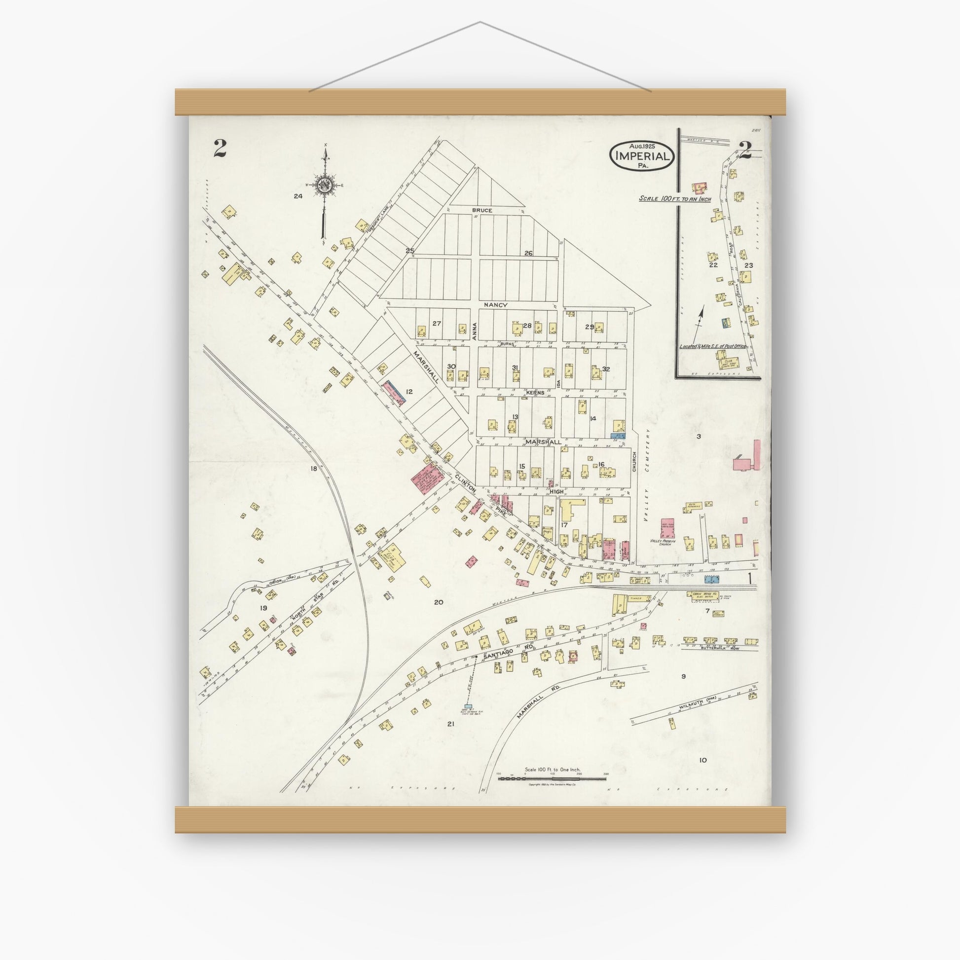 Old map wall art mockup — magnetic wood frame on white wall — Sanborn Fire Insurance Map from Imperial, Allegheny County, Pennsylvania (1925), Sheet #0002