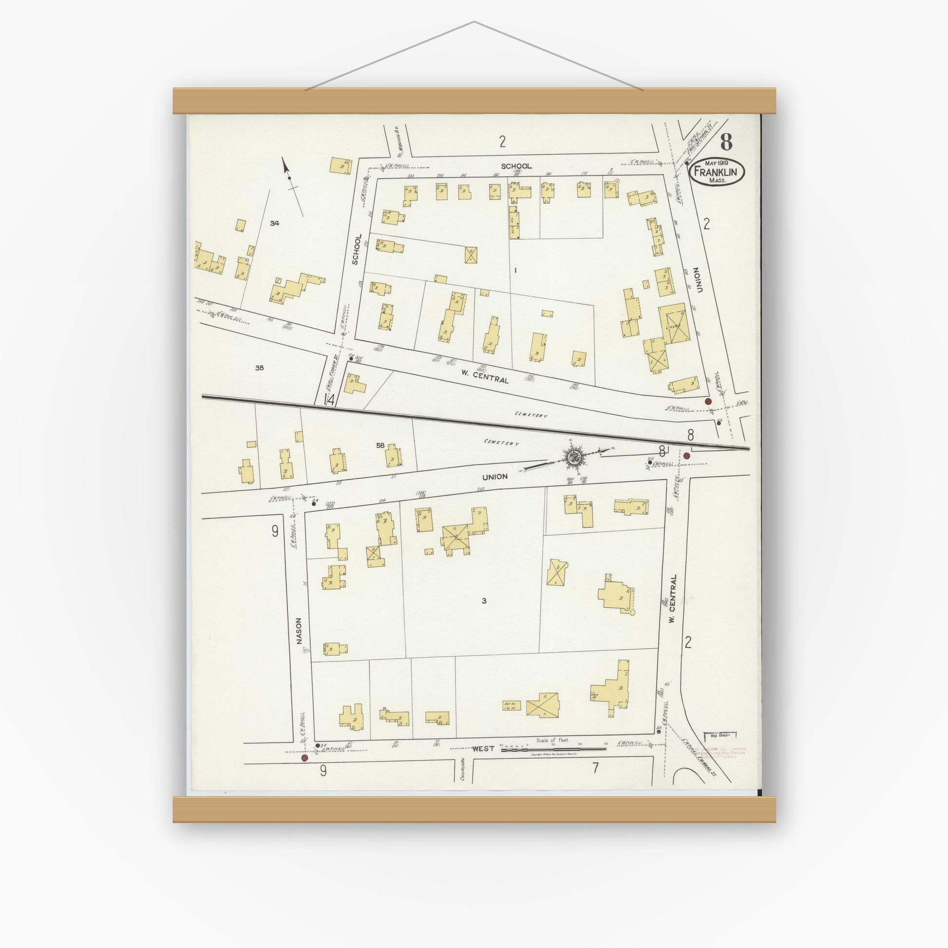 Old map wall art mockup — magnetic wood frame on white wall — Sanborn Fire Insurance Map from Franklin, Norfolk County, Massachusetts (1919), Sheet #0008