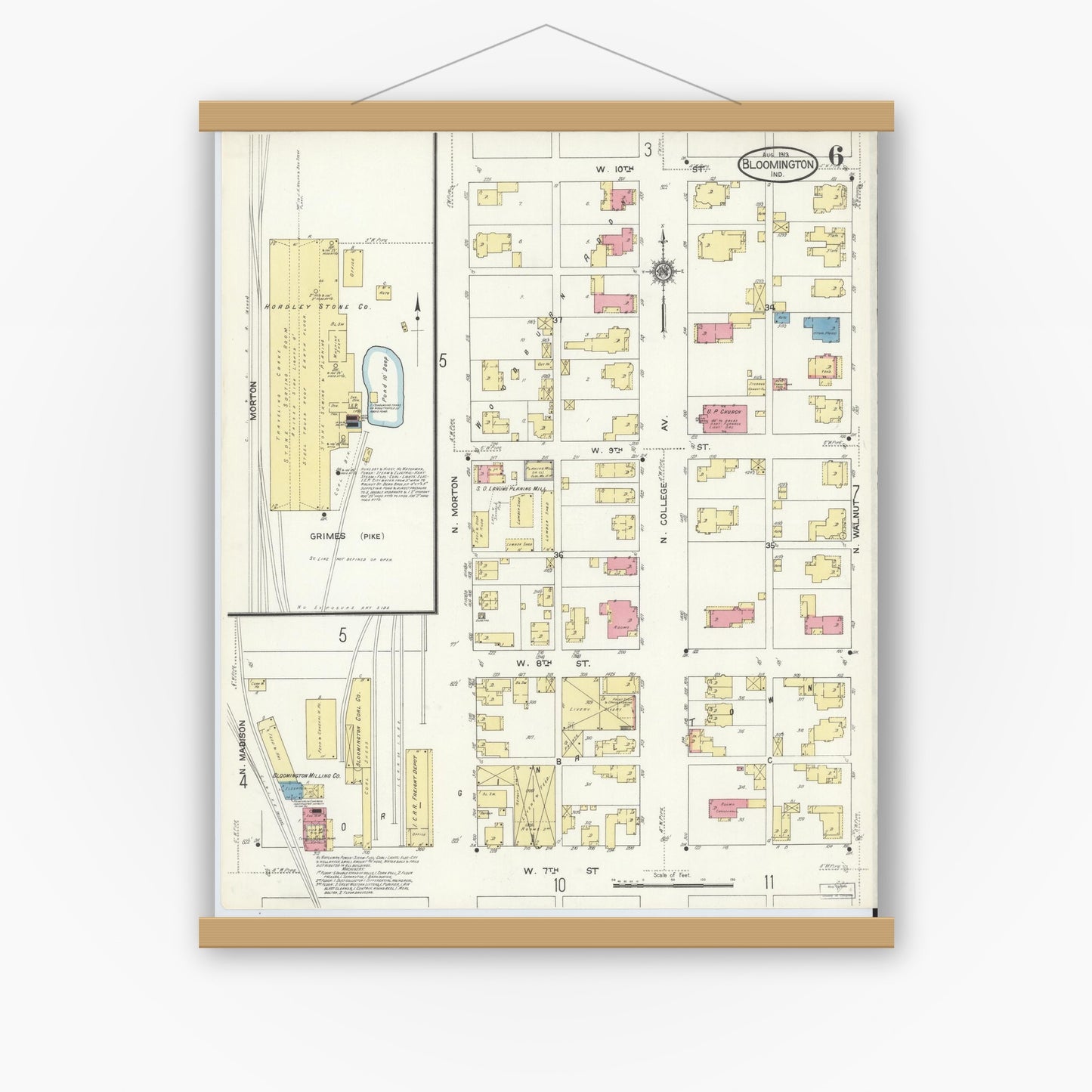 Old map wall art mockup — magnetic wood frame on white wall — Sanborn Fire Insurance Map from Bloomington, Monroe County, Indiana (1913), Sheet #0006