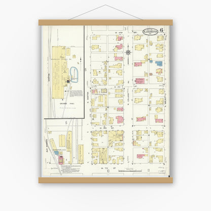 Old map wall art mockup — magnetic wood frame on white wall — Sanborn Fire Insurance Map from Bloomington, Monroe County, Indiana (1913), Sheet #0006
