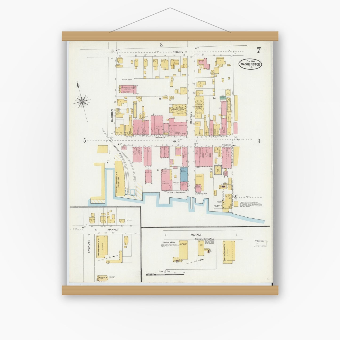 Old map wall art mockup — magnetic wood frame on white wall — Sanborn Fire Insurance Map from Washington, Beaufort County, North Carolina (1904), Sheet #0007