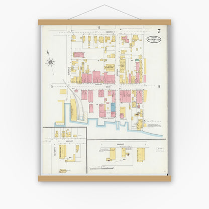 Old map wall art mockup — magnetic wood frame on white wall — Sanborn Fire Insurance Map from Washington, Beaufort County, North Carolina (1904), Sheet #0007