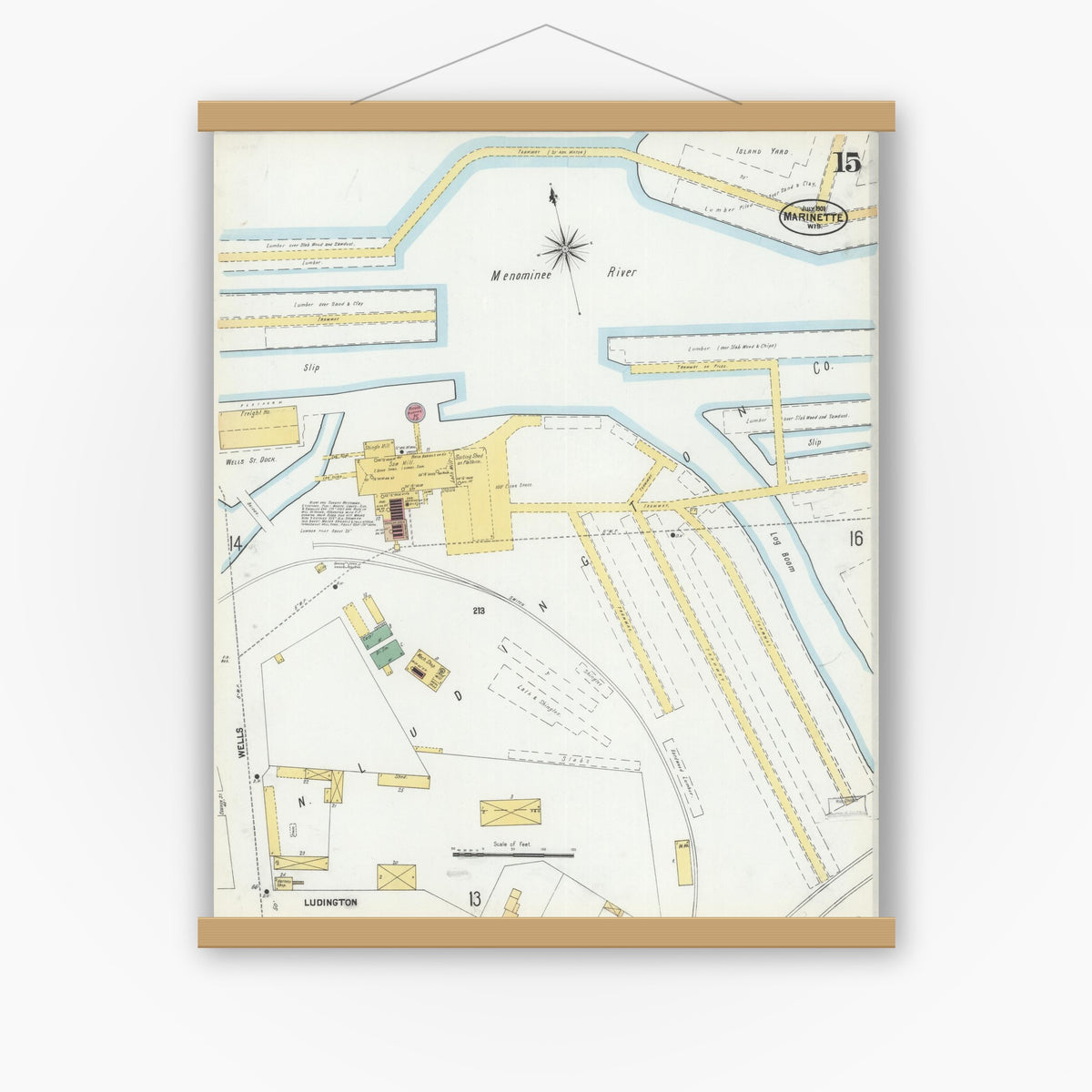 Old map wall art mockup — magnetic wood frame on white wall — Sanborn Fire Insurance Map from Marinette, Marinette County, Wisconsin (1901), Sheet #0015