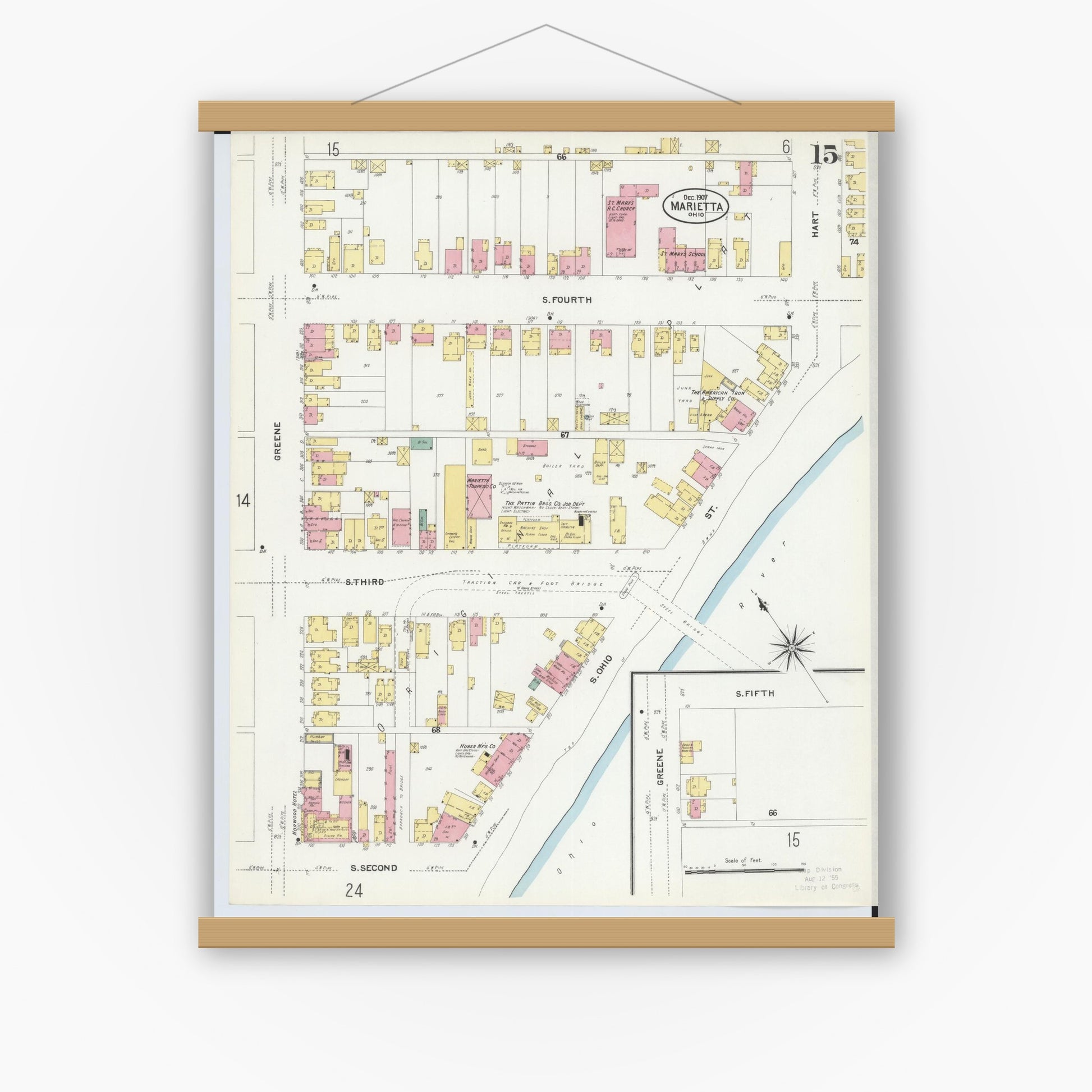 Old map wall art mockup — magnetic wood frame on white wall — Sanborn Fire Insurance Map from Marietta, Washington County, Ohio (1907), Sheet #0015