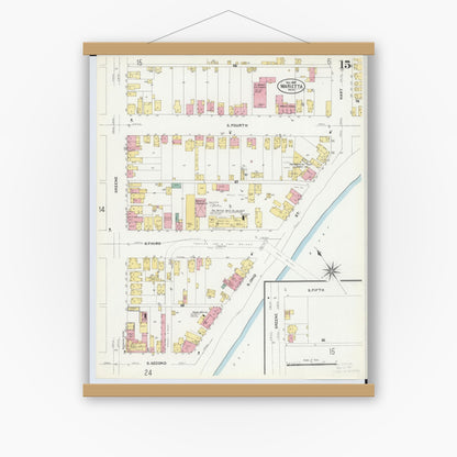 Old map wall art mockup — magnetic wood frame on white wall — Sanborn Fire Insurance Map from Marietta, Washington County, Ohio (1907), Sheet #0015